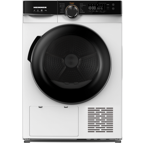 Uscator de rufe Heinner HHPD-M8K3A++, Pompa de caldura, Capacitate 8 kg, Clasa A++, 14 Programe, Display LED, Start Intarziat, Cuva iluminata, Blocare accces copii, Alb/Negru
