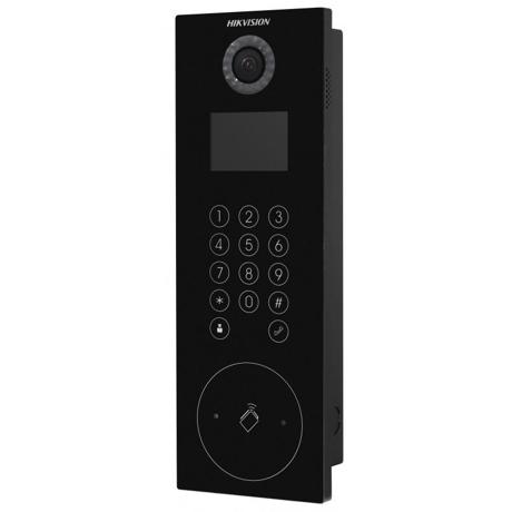 Post videointerfon de exterior pentru blocuri Hikvision DS-KD8103-E6, monitor LCD color  3.5-inch, rezolutie 480 × 320, camera video 2MP HD, unghi vizualizare: 120° wide, deschidere cu card si cod pin, capacitate utilizatori: 10000, capacitate conectare posturi interior: 500, audio: microfon si