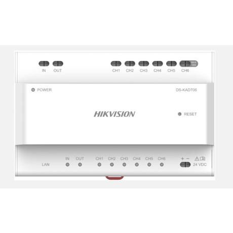 Distribuitor audio/video pentru sisteme de videointerfonie cu conexiune pe 2 fire Hikvision DS-KAD706, 6 canale de alimentare( include un canal cu putere maxima de 16W), interfata retea: 1, RJ45, alimentare 24 VDC