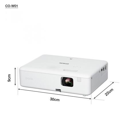 Proiector Epson CO-W01, 3LCD, 3.000 lumeni/ 2.000 Ecomode, WXGA, HD ready, 16:10, lampa 6.000 ore/ 12.000 ore Economy mode, corectie ± 30, zoom 1- 1.35, dimensiune maxima imagine 378", distanta maxima de proiectie 10.4 m, HDMI 1.4, USB 2.0-A, USB 2.0 Type B (Service Only), Kensington lock, boxa 5W
