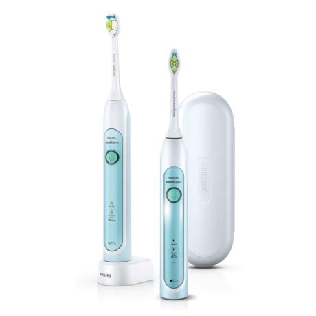 Set periuţe de dinţi sonice electrice Philips Sonicare HealthyWhite HX6732/37, 2 moduri, 2 capete de periere, 2 mânere, Încărcător, Toc de transport, Timer, Indicator baterie, Verde glacial