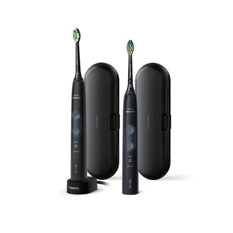 Set periuţe de dinţi sonice electrice Philips Sonicare ProtectiveClean 5100 HX6850/34, 3 moduri, 2 capete de periere, 2 mânere, Încărcător, 2 tocuri de transport, Timer, Indicator baterie, Senzor de presiune, 1 funcţie BrushSync, Negru