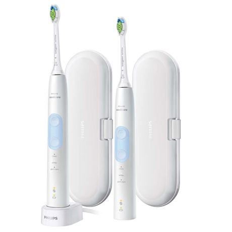 Set periuţe de dinţi sonice electrice Philips Sonicare ProtectiveClean 5100 HX6859/34, 3 moduri, 2 capete de periere, 2 mânere, Încărcător, 2 tocuri de transport, Timer, Indicator baterie, Senzor de presiune, 1 funcţie BrushSync, Alb/Albastru deschis