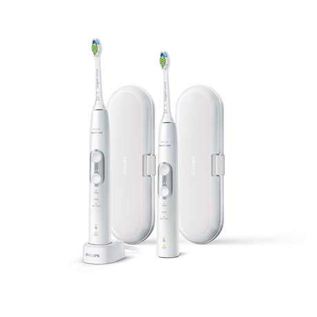 Set periuţe de dinţi sonice electrice Philips Sonicare ProtectiveClean 6100 HX6877/34, 3 moduri, 3 intensităţi, 2 capete de periere, 2 mânere, Încărcător, 2 tocuri de transport, Timer, Indicator baterie, Senzor de presiune, 2 funcţii BrushSync, Alb/Argintiu