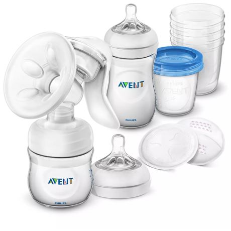 Pompa de san manuala Philips Avent SCD221/00, 0-6 luni, 2 biberoane si tetine, 10 recipiente de depozitare si capace, 2 tampoane pentru sani