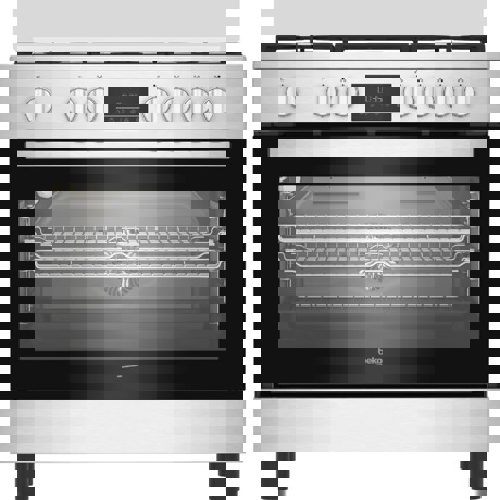 Aragaz mixt Beko BGM11226EX, 4 arzatoare + 1 arazator wok, High Efficient Gas Burners, display LED cu control touch, butoane PRO design, suport vase din fonta, adaptor wok din fonta, autocuratare catalitica spate si laterale, aprindere electrica integrata, geam detasabil, timer electronic, cuptor electric cu 7 functii, grill electric, iluminare cuptor, 90x90x60 (IxLxA, cm), accesorii: tava copt 90cm, gratar 90cm, clasa energetica A+, culoare: inox
