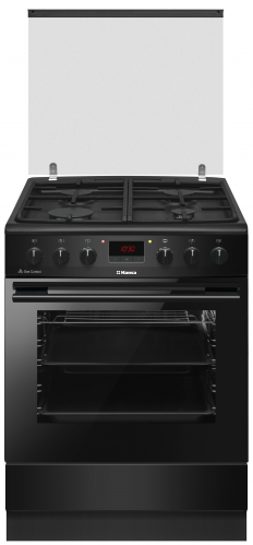 Aragaz mixt Hansa FCMS682090, 60x60 cm, 4 arzatoare, plita gaz, cuptor electric, 65 l, display, clasa A, 8 functii, ventilator, gril, negru