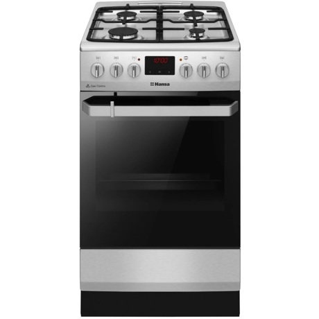 Aragaz Hansa FCMX5825092, Mixt, 4 arzatoare gaz, Cuptor electric, 8 functii, Gratare din fonta, Grill, Rotisor, 50x60 cm, Fara capac cf reglementari siguranta U.E. 2024, Inox