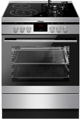 Aragaz Hansa FCMX69215, Mixt, 2 arzatoare gaz, 2 arzatoare + cuptor electrice, Curatare abur, Grill, Rotisor, 65 L, Clasa A, Dusplay electronic, 60 cm, Negru/Inox