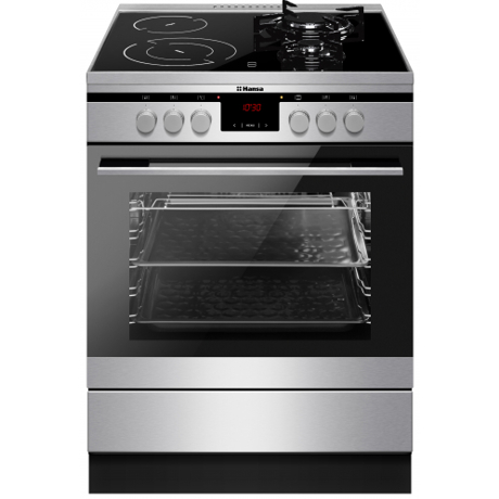 Aragaz Hansa FCMX69215, Mixt, 2 arzatoare gaz, 2 arzatoare + cuptor electrice, Curatare abur, Grill, Rotisor, 65 L, Clasa A, Dusplay electronic, 60 cm, Negru/Inox