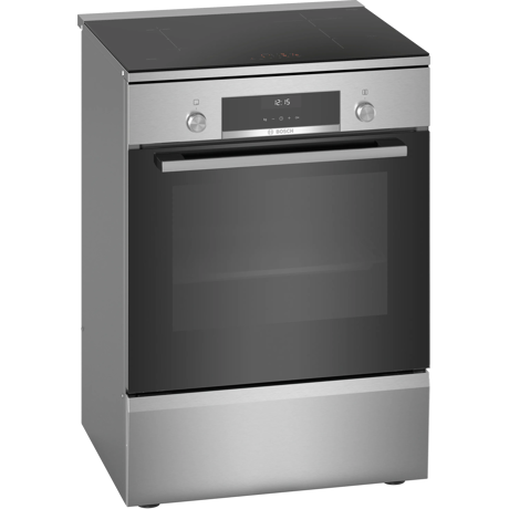 Aragaz Bosch HLS59D351, Electric, Plita inductie, 4 zone gatit , Control electronic, Cuptor electric, 66 L, Grill, Autocuratare EcolClean + hidrolitica, 3D Hotair, 2 suporti telescopici, sertar depozitare, Timer, 60 cm, Inox