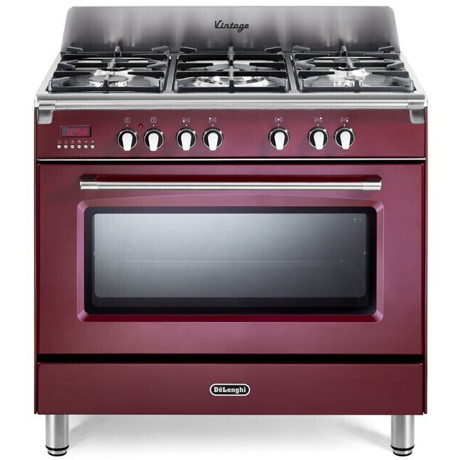 Aragaz profesional DeLonghi MEM 965 RX ED, 5 arzatoare Gaz, Cuptor electric multifunctional, 77 l, 12 functii, Clasa energetica A, 900 x 600 x 850 mm, Rosu Bordeaux/Inox