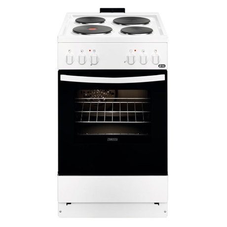 Aragaz electric Zanussi ZCE550H1WA 50x60 cm; 4 arzatoare electrice; Cuptor electric multifunctional (5 functii); Iluminare cuptor; Grill electric; Usa cu 2 straturi de geam detasabile; 2 tav1 emailate+1 gratar; Volum net cavitate 54 litri; Clasa eficienta energetica A; Alb