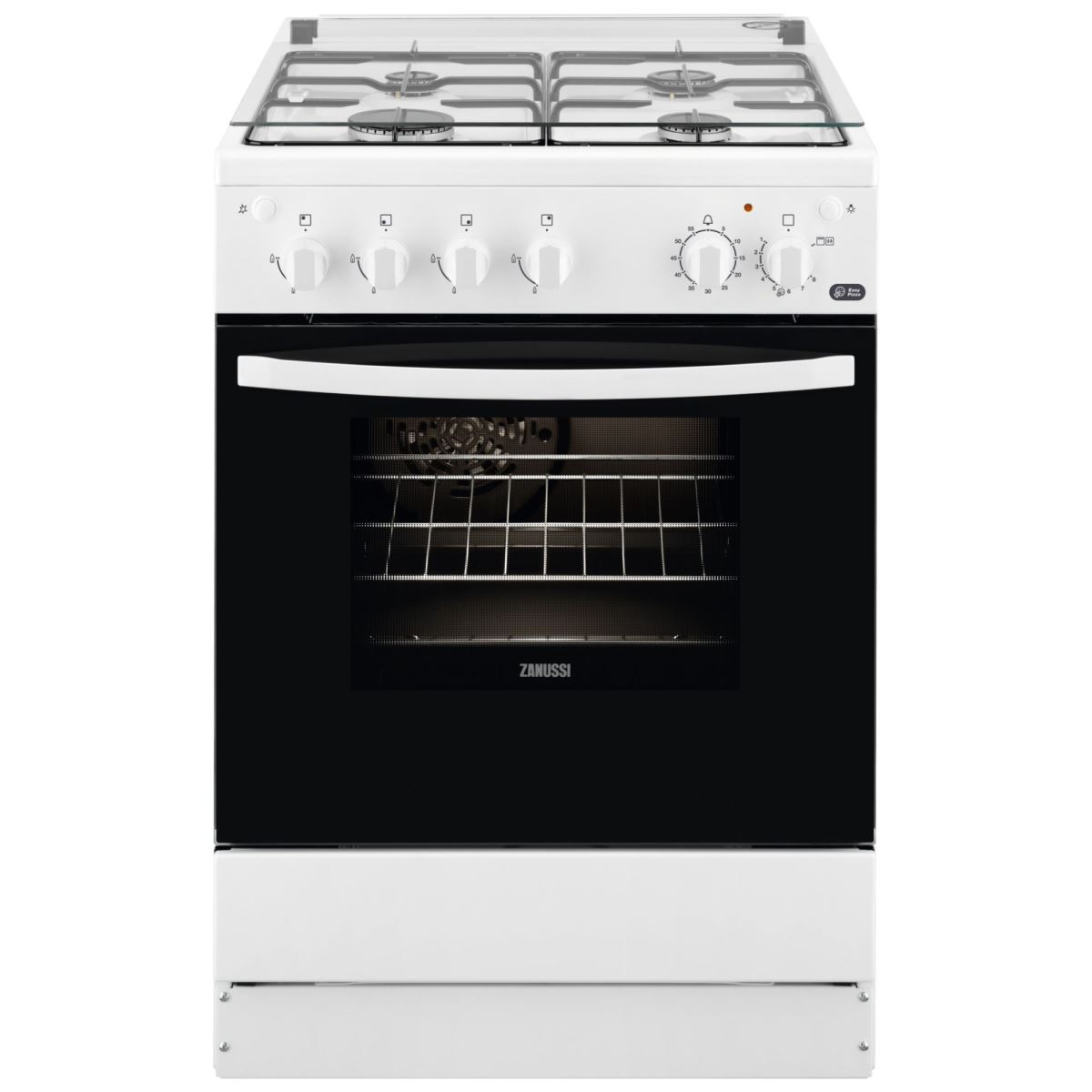 Aragaz pe gaz Zanussi ZCG612K1WA 60x60 cm; 4 arzatoare gaz; Siguranta plita+cuptor; Aprindere electrica plita si cuptor; Autocuratare catalitica; Timer mecanic; Grill electric; Rotisor; Iluminare cuptor; Usa cu 2 straturi de geam detasabile; 2 tavi emailate+1 gratar; Capac sticla; Volum net cavitate 59 litri; Alb