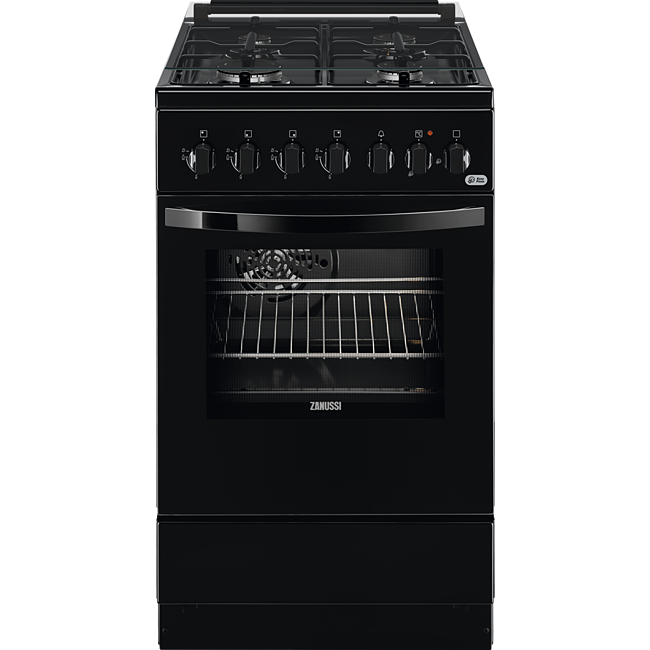 Aragaz mixt Zanussi ZCK57201BA 50x60 cm; 4 arzatoare gaz; Cuptor electric multifunctional (6 functii); Siguranta plita; Timer mecanic; Aprindere integrata; Iluminare cuptor; Grill electric; Usa cu 2 straturi de geam detasabile; Capac sticla; 2 tavi emailate+1 gratar; Volum net cavitate 54 litri; Clasa A, Negru