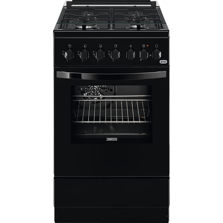 Aragaz mixt Zanussi ZCK57201BA 50x60 cm; 4 arzatoare gaz; Cuptor electric multifunctional (6 functii); Siguranta plita; Timer mecanic; Aprindere integrata; Iluminare cuptor; Grill electric; Usa cu 2 straturi de geam detasabile; Capac sticla; 2 tavi emailate+1 gratar; Volum net cavitate 54 litri; Clasa A, Negru