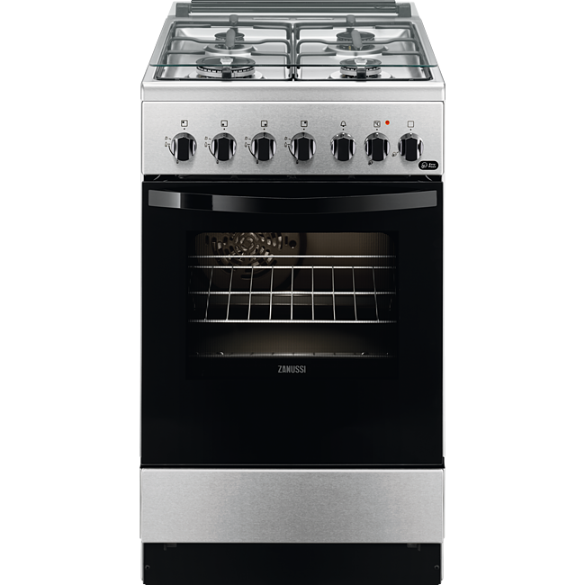 Aragaz mixt Zanussi ZCK57201XA 50x60 cm; Mixt; 4 arzatoare gaz; Cuptor electric multifunctional (6 functii); Siguranta plita; Timer mecanic; Aprindere integrata; Iluminare cuptor; Grill electric; Usa cu 2 straturi de geam detasabile; Capac sticla; 2 tavi emailate+1 gratar; Volum net cavitate 54 litri; Clasa A, Inox/Negru