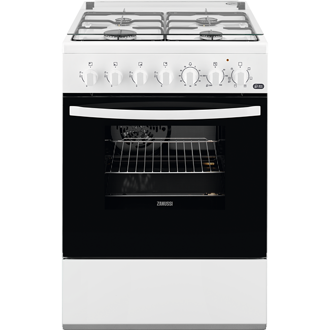 Aragaz mixt Zanussi ZCK67211WA 60x60 cm; 4 arzatoare gaz; Cuptor electric multifunctional (6 functii); Siguranta plita; Timer mecanic; Aprindere integrata; Iluminare cuptor; Grill electric; Usa cu 2 straturi de geam detasabile; Capac sticla; 2 tavi emailate+1 gratar; Volum net cavitate 54 litri; Clasa A, Alb