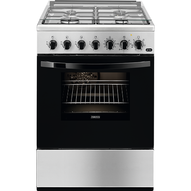 Aragaz mixt Zanussi ZCK67211XA 60x60 cm; 4 arzatoare gaz; Cuptor electric multifunctional (6 functii); Siguranta plita; Timer mecanic; Aprindere integrata; Iluminare cuptor; Grill electric; Usa cu 2 straturi de geam detasabile; Capac sticla; 2 tavi emailate+1 gratar; Volum net cavitate 54 litri; Clasa A, Inox/Negru