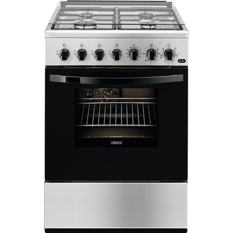 Aragaz mixt Zanussi ZCK67211XA 60x60 cm; 4 arzatoare gaz; Cuptor electric multifunctional (6 functii); Siguranta plita; Timer mecanic; Aprindere integrata; Iluminare cuptor; Grill electric; Usa cu 2 straturi de geam detasabile; Capac sticla; 2 tavi emailate+1 gratar; Volum net cavitate 54 litri; Clasa A, Inox/Negru
