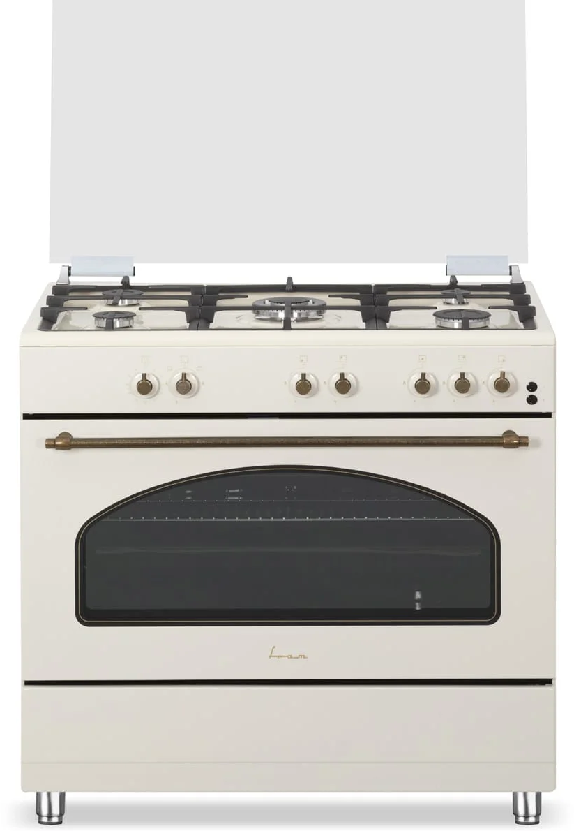 Aragaz mixt Fram FFSC-S90MLITGCF-RBG, 90x60cm, 5 arzatoare, Wok, Suport fonta, Capac sticla, Aprindere electrica plita, Dispozitiv de siguranta plita, Cuptor electric, 9 functii, Timer, Grill, Ventilatie, Decongelare, Lumina cuptor, Clasa A, Rustic Crem