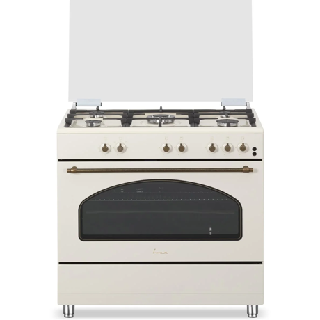Aragaz mixt Fram FFSC-S90MLITGCF-RBG, 90x60cm, 5 arzatoare, Wok, Suport fonta, Capac metalic, Aprindere electrica plita, Dispozitiv de siguranta plita, Cuptor electric, 9 functii, Timer, Grill, Ventilatie, Decongelare, Lumina cuptor, Clasa A, Rustic Crem