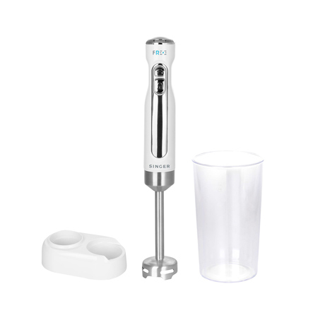 Blender de mana reincarcabil Singer FREE HB-2200, 11,1V, Baterie Li 2200 maH, 1 viteza, Tijă de amestecare detașabilă inox, Cupa de masurare, Indicatoare LED, Alb/Argintiu