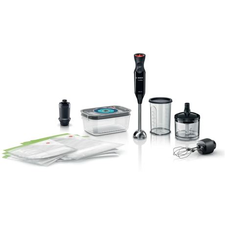 Blender Bosch MS6CB61V7, 1000 W, accesoriu cu 2 teluri, chopper, 12 trepte de putere și funcție Turbo, accesorii pentru vidare incluse, Negru