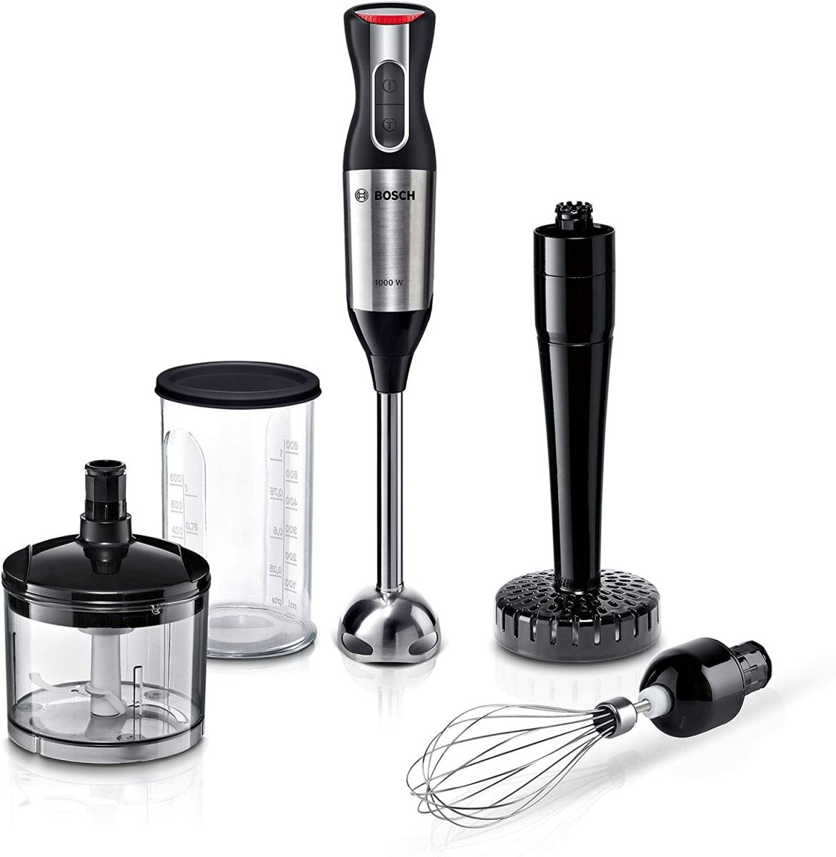 Blender de mana Bosch ErgoMixx MS6CM6155,10000 W, 12 viteze, Buton Turbo, Blocare de siguranta, Minitocator 0.50 L, Vas gradat 0.6 L, Tel inox, Pasator, Negru/Inox