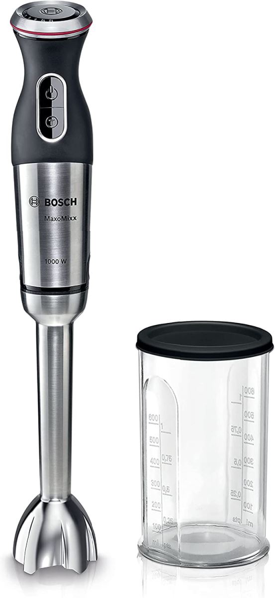 Blender de mana Bosch MaxoMixx MS8CM6110,10000 W, 12 viteze, Buton Turbo, Blocare de siguranta, Vas gradat 0.6 L, Tel inox, Negru/Inox