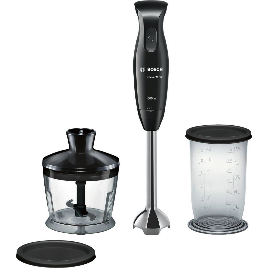 Blender de mana Bosch CleverMixx MSM2620B, 600W, Vas mixare cu capac, Minitocator, 1 viteza, Lame otel, Negru