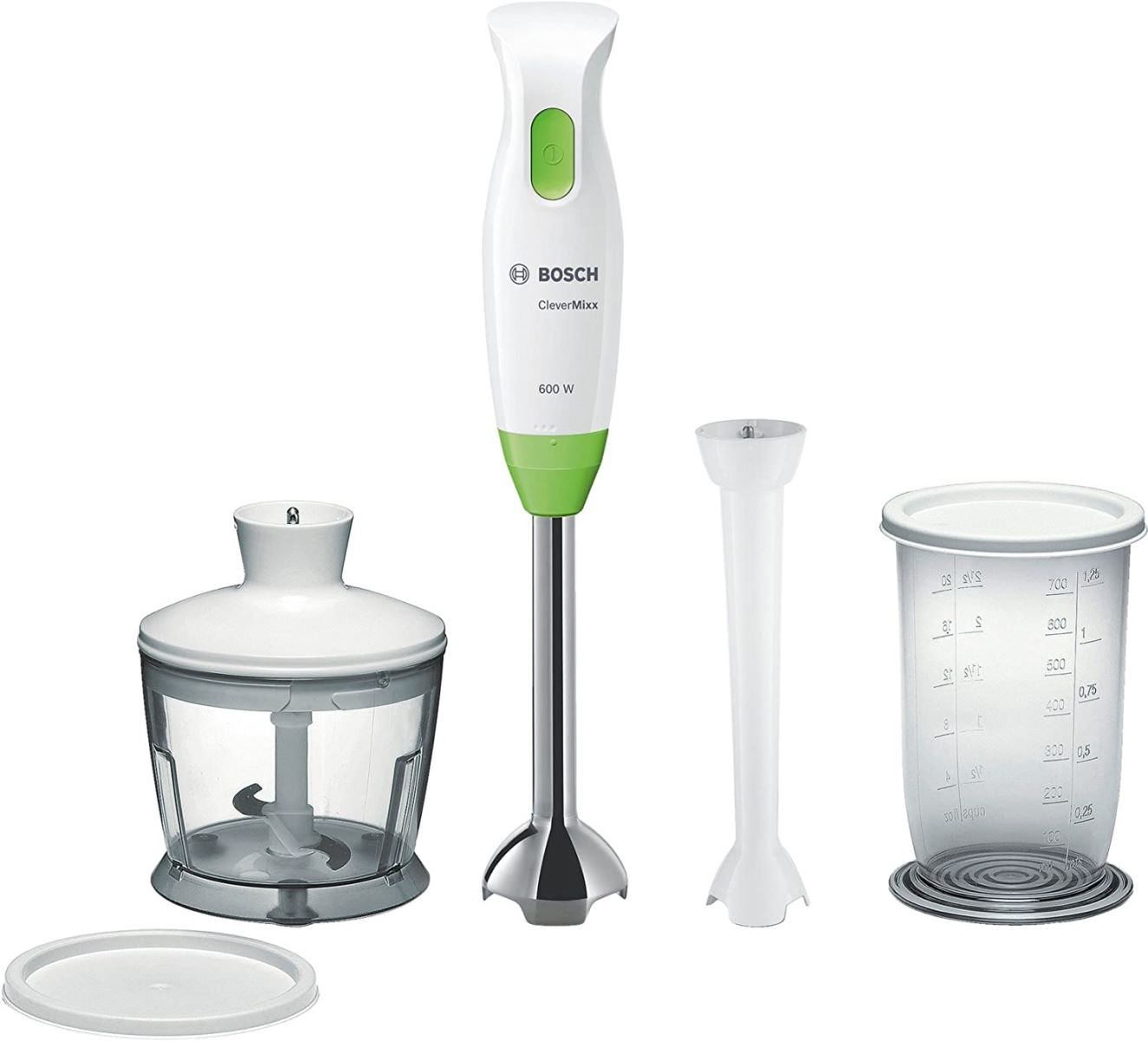 Blender de mana Bosch CleverMixx MSM2623G, 600W, Vas mixare cu capac, Minitocator, Pasator, 1 viteza, Lame otel, Alb/Verde