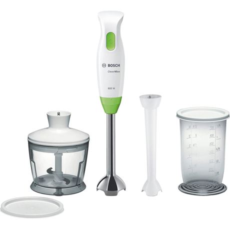 Blender de mana Bosch CleverMixx MSM2623G, 600W, Vas mixare cu capac, Minitocator, Pasator, 1 viteza, Lame otel, Alb/Verde