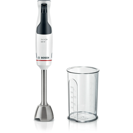 Blender de mana ErgoMaster Bosch MSM4W210, 600 W, cutit 4 lame si functie antisplash, cuplaj ceramic, picior mixare inoxidabil, pahar de masurare, Alb/ negru grey
