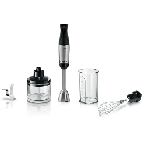 Blender de mana ErgoMaster Bosch MSM6M622,  1000 W, Inox, minitocator,vas gradat, tel, cutit QuattroBlade System Pro cu 4 laturi, negru/argintiu