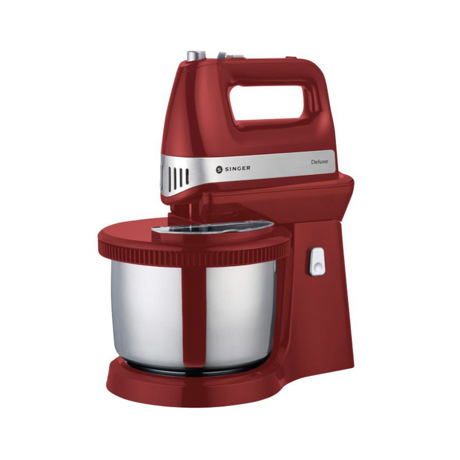 Mixer cu bol Singer Deluxe SM-500, 500W, 5 viteze, Bol otel inoxidabil 3L, 2 teluri, 2 dispozitive de framantat, Capac de protecție pentru bol, Rosu/Argintiu