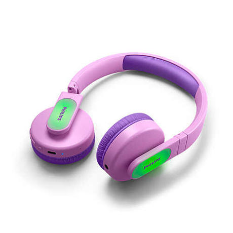 Căşti supraauriculare wireless pentru copii Philips TAK4206PK/00, Cupe care luminează, Control parental din aplicaţie, Volum limitat <85 dB, Pink
