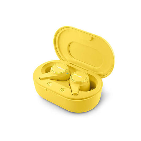 Casti audio true wireless Philips TAT1207YL/00, Căşti cu o potrivire confortabilă, Toc de încărcare foarte mic, Protecţie IPX4 la stropire/transpiraţie, Până la 18 ore de redare, Galben