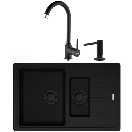 Pachet Franke 114.0662.892, Chiuveta fragranite BFG 651-78, 780x500x200/100mm + Baterie Pola 1.0 + Dozator sapun, Negru