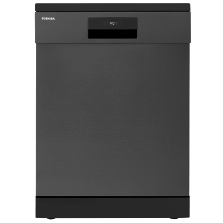Masina de spalat vase FreeStanding Toshiba, 60 cm, 15 seturi, clasa C, Twin Display Touch control, AquaStop, Filtru AntiBacterian, 8 programe, 4 functii, design BlackSteel
