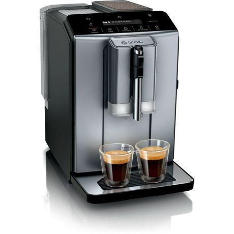 Espressor automat Bosch TIE20504,15 bari, 1,4 l, rasnita ceramica, dispozitiv spumare lapte MilkMagic Pro, cu sistem SensoFlow, Argintiu