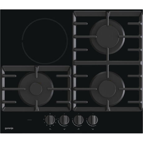 Plita incorporabila Gorenje GCE681BSC, Mixta, 3 arzatoare Gaz + 1 arzator Vitroceramic, gratare de fonta, 60 cm, Negru