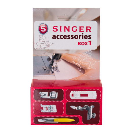Accesorii Singer Box 1, piciorus butoniera in 4 pasi, piciorus Intoarcere tiv, piciorus cusatura satinata, piciorus coasere fermoar si taietor butoniere