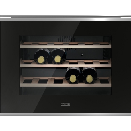 Vitrina Franke de vinuri FMY 24 WCR N XS, Capacitate 24 sticle, Gama Mythos, Control digital, 39 dB, Interval de temperatură 4°-18°, 3 rafturi de lemn, Negru/Inox