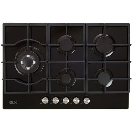 Plita incorporabila LDK GRANADA WOK JZ5BK75, Gaz, 5 arzatoare, 1 arzator WOK, Gratare fonta, Aprindere electrica, Siguranta gaz, 75 cm, Negru, ART11731