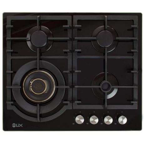 Plita incorporabila LDK TOLEDO WOK JZ4BK60, Gaz, 4 arzatoare, Arzator WOK, Gratare fonta, Aprindere electrica, Siguranta gaz, 59 cm, Negru, ART11736