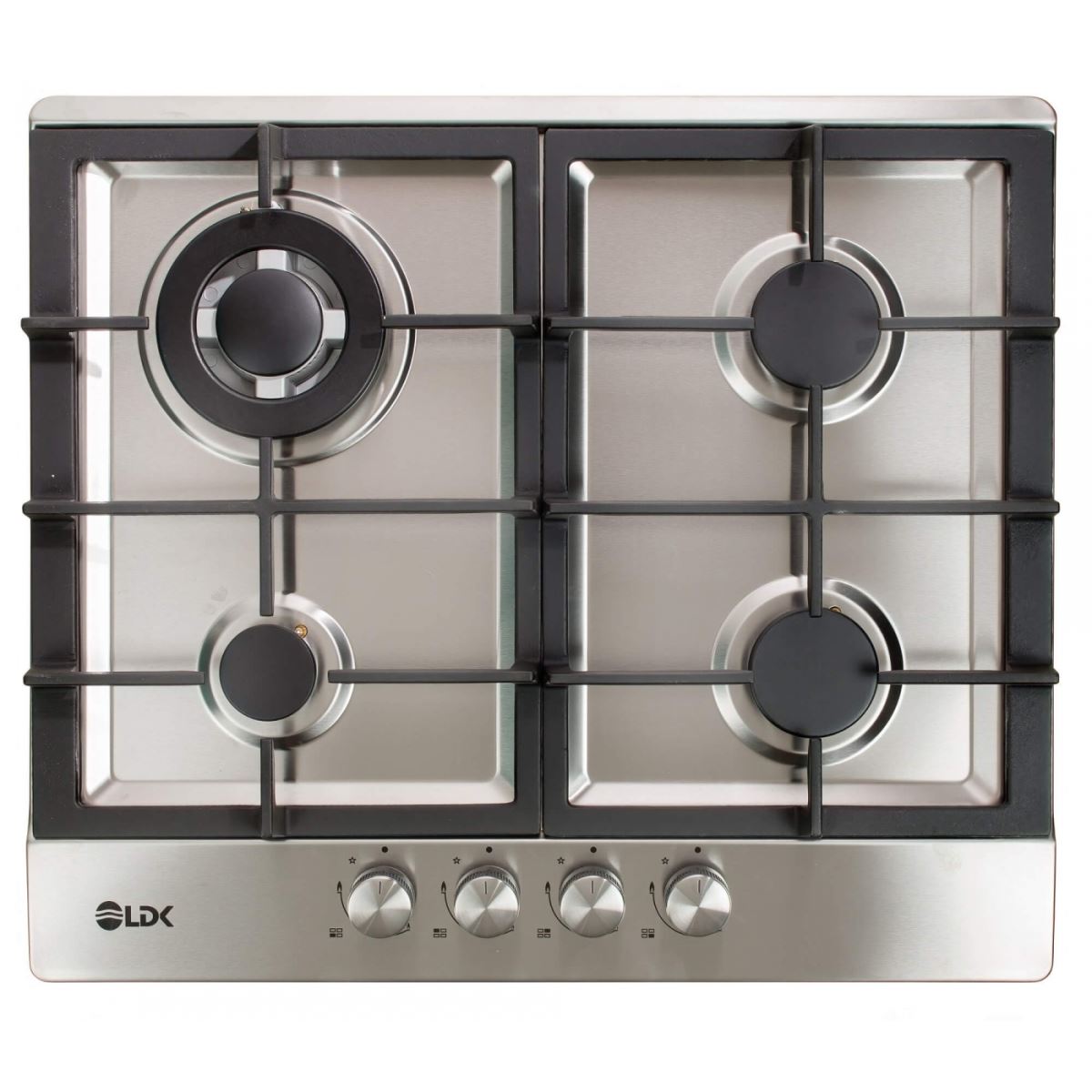 Plita incorporabila LDK ALICANTE WOK JZ4IX60, Gaz, 4 arzatoare, 1 arzator WOK, Gratare fonta, Aprindere electrica, Siguranta gaz, 59 cm, Inox, ART11740