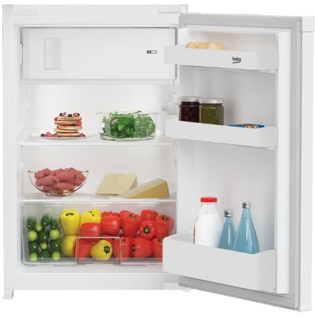 Frigider cu o usa incorporabil Beko, vol. util 110 l, clasa energetica E, cutii legume si fructe, iluminare LED, dimensiuni 86.6x54.5x54.5 (HxLxA, cm), Alb