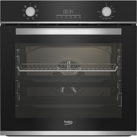 Cuptor incorporabil multifunctional Beko BBBIM13300XMPSEF, 10 functii de gatire, AEROperfect™, 3D Cooking, LED display cu touchcontrol, autocuratare pirolitica, curatare SteamShine, panou control 100mm, FlexiCrisp, iluminare cuptor, 1 sina telescopica, inchidere amortizata, volum cavitate 72l, control 2 butoane Push In-Pop Out, timer digital, clasa energetica A+, 59.5x59.4x56.7 (IxLxA, cm), culoare: sticla neagra si inox