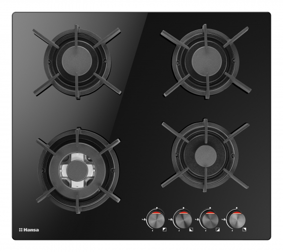 Plita incorporabila Hansa BHKS611700,Gaz, 4 Arzatoare, Arzator wok, Aprindere electrica, Suporti fonta, Negru